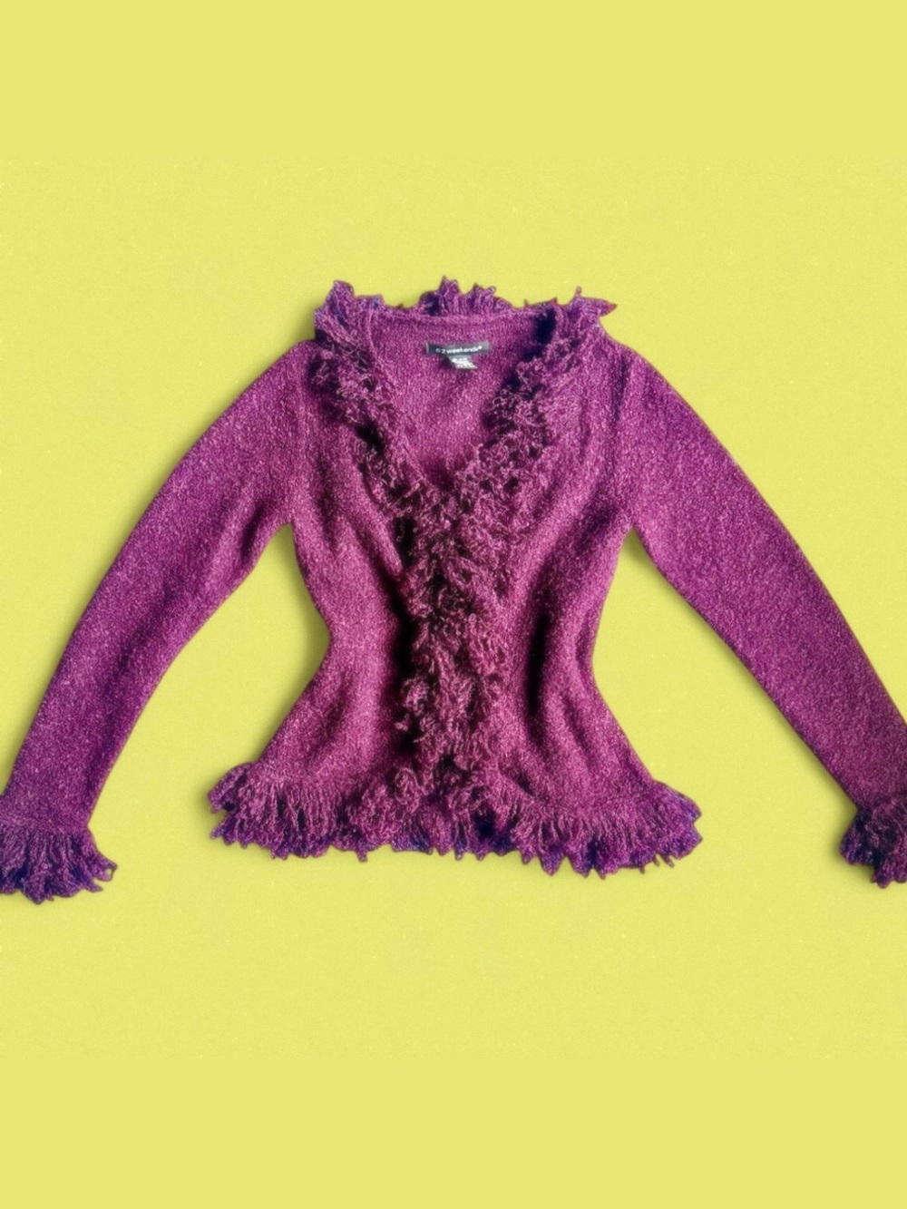 Y2K Burgundy Fringed Open-Front Clasp Cardigan